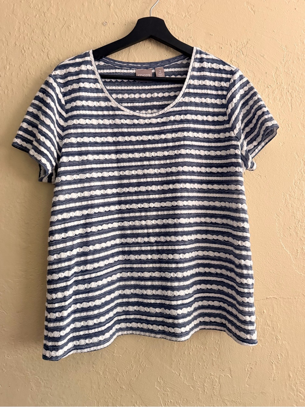 Chico's Navy and White Striped Short Sleeve Knit Top